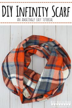 an orange and blue plaid scarf with text overlay that says diy infinity scarf