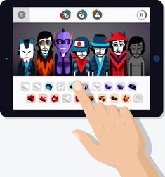 a hand is touching an app on a tablet screen with the image of people in costumes