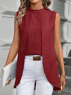 Ladies' Sleeveless Solid Color Asymmetrical Hem Blouse | SHEIN USA Hem Blouse, Modest Fashion Outfits, Asymmetrical Hem, Asymmetric Hem, Fashion Online Shop, Modest Fashion, Online Fashion, All Fashion, Men's Clothing