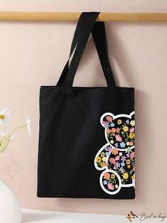 BirdinBag - Double-Sided Printed Single Shoulder Tote Bag with Cartoon Flower Teddy Bear Design Casual Floral Print Bags For Daily Use, Casual Floral Print Satchel Shoulder Bag, Casual Floral Print Tote Bag, Rectangular School Bag With Floral Print, Trendy Floral Print Bags For Daily Use, Casual Everyday Flower-shaped Bag, Rectangular Floral Print School Bag, Cute Floral Print Bags For Daily Use, Cute Daily Use Bag With Floral Print