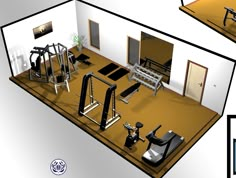 an image of a gym room with machines and equipment on the floor in front of it