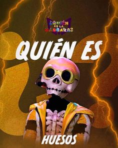 an image of a skeleton with neon colors on it's face and the words que quien es huessos in spanish