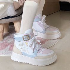 Kawaii Pastel Macaron Shoes - Juneptune Pink Harajuku Sneakers For Spring, Pink Kawaii Sneakers With Round Toe, Kawaii Pink Sneakers With Round Toe, Cute High-top Sneakers With Round Toe For Spring, Cute Spring High-top Sneakers With Round Toe, Cute White High-top Sneakers For Spring, Cute High-top Sneakers, Trendy Flat High-top Sneakers For Spring, Pink High-top Sneakers For Spring