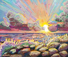 an oil painting of the sun setting over water with rocks and grass in front of it