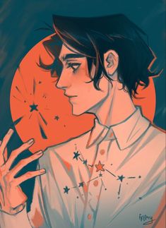 a drawing of a young man holding his hand out to the side with stars on it