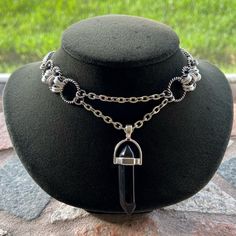 Handmade Maille Choker With Black Obsidian Stone Bullet Charm Necklace . Necklace Is 13 Inch Adjustable To 15.5 Inch ( Choker Size But If You Need A Different Size Lmk It Is Handmade So I Can Make A Different Size If You Need ) Necklace Chains Are Stainless Steel Execpt For The Maille Hoops On Each Sides Those Are Aluminium Material . Aluminium Is Just Like Stainless Steel It Is Nickel Free , Allergy Free , Hypoallergenic , No Itching , Do Not Change Color , Rust Or Turn Skin Green . Tags : Wire Edgy Black Jewelry With Silver Chain, Spiritual Black Dangle Necklaces, Adjustable Silver Obsidian Necklace, Silver Obsidian Jewelry With Black Beads, Gothic Black Necklace With Silver Chain, Edgy Black Necklace With Silver Chain, Black Spiritual Chain Necklace, Spiritual Black Chain Necklaces, Spiritual Black Chain Necklace