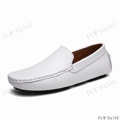 Premium Genuine Leather Casual Shoes - Stylish Slip-On Loafers White Moccasins For Business In Spring, Casual White Plain Toe Moccasins, White Round Toe Moccasins For Business, Spring Business Boat Shoes With Round Toe, Leather Moccasins For Business In Summer, Leather Moccasins For Business And Summer, Summer Business Leather Moccasins, Classic Round Toe Moccasins For Summer, White Slip-on Moccasins For Summer