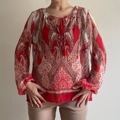 Red Nwt Printed Paisley Blouse Adorable Bohemian Eccentric Long Sleeved Shirt Beautiful Vibrant Print In Red & White Ties At The Top , Keyhole Neck Floral / Mandala / Boteh Motifs Tiny Linework Pattern Brand New With Tags , Deadstock Brand Rose & Olive Size Xs Modeled On A Medium 100% Polyester Fits Hippiecore / Boho / Fairycore / Business Casual Aesthetic (K) Summer Red Blouse With Paisley Print, Casual Red Tops With Paisley Print, Red Bohemian Tops With Paisley Print, Business Casual Aesthetic, Red Bohemian Blouse With Paisley Print, Casual Red Paisley Print Top, Red Long Sleeve Blouse With Paisley Print, Red Paisley Print Summer Top, Red Bohemian Paisley Print Tops