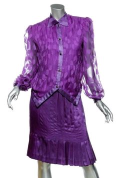 Top Bust: 38" Waist: 37" Shoulder: 15.5" Sleeve: 24" Length: 26" Skirt Waist: 30" -34" comfortably stretched Hips: 38" Length: 22.25" GALANOS I.MAGNIN VINTAGE Womens Purple Pleated Top Blouse+Skirt Set Outfit S Top Bust: 38" Waist: 37" Shoulder: 15.5" Sleeve: 24" Length: 26" Skirt Waist: 30" -34" comfortably stretched Hips: 38" Length: 22.25" Item #: 634-124-siso-022120                                                     About Us: VIP Consignment brings you the best, hard to find couture & desig Vintage Formal Skirt, Vintage Silk Blouse For Formal Occasion, Vintage Long Sleeve Skirt Suit For Semi-formal Occasions, Vintage Long Sleeve Daywear Sets, Luxury Fitted Purple Blouse, Pleated Top Blouses, Vintage Purple Long Sleeve Blazer, Purple Button-up Blouse For Formal Occasions, Skirt Set Outfit