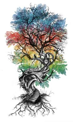 a drawing of a tree with its roots in the shape of a rainbow colored heart