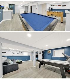 this is an image of a pool table and entertainment room in a basement or garage