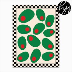 a green and red pattern on a black and white checkered background