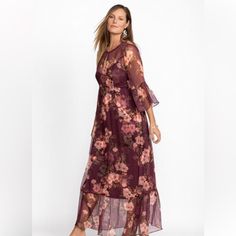 Cross Out On Brand, Missing The Underlay/Slip. 100% Silk Model Height: 5'9" Measurements For Size Medium: Bust - 40 1/4", Length - 58 1/2" Purple Maxi Dress For Spring Brunch, Purple Chiffon Maxi Dress For Beach, Purple Beach Dress For Fall, Spring Mauve Maxi Dress, Fall Beach Maxi Dress In Purple, Mauve Maxi Dress For Spring, Purple Maxi Dress For Beach In Fall, Flowy Purple Maxi Dress For Brunch, Spring Mauve Maxi Dress With Floral Print