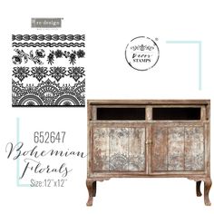 an old wooden cabinet with decorative stencils on the front and side panels in black ink