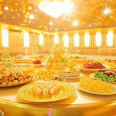 a large banquet table with many different types of food on it