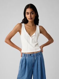 Gap × DÔEN Pointelle Tank Top | Gap Eyelet Shirt, Woman Vest, Coastal California, Toddler Summer, Winter Skirt, Fashion Capsule, Work Life, Sleeveless Vest, Summer Clothes