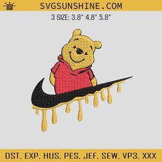 winnie the pooh sitting on top of a nike shoe with dripping yellow liquid around it