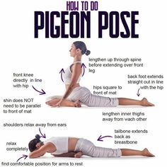 a woman doing yoga poses with the words how to do pigeon pose