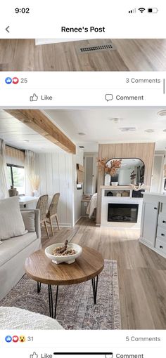 two pictures show the same living room and kitchen in different rooms, one with wood flooring