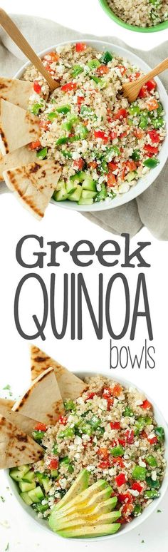 this greek quinoa bowl is loaded with vegetables and rice