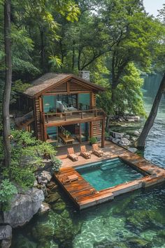 a house with a swimming pool in the middle of it surrounded by trees and water