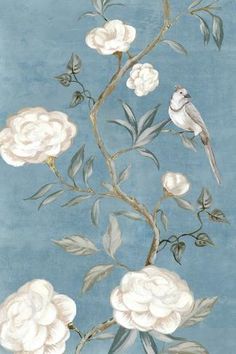 a painting of white flowers and birds on a blue background