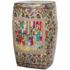 Square porcelain garden stool with a colorful Rose Medallion art design. Features a large, beautiful appliqud center framed image of an Asian courtyard scene, with surrounding patterns of a fruit, floral, and oriental object motif, fired onto the porcelain in a kiln. Porcelain is finished in a medium gloss crackle glaze. Traditional Rose Medallion panel-style art on top and bottom bands. Pierced medallions on top and sides. Distinct Asian accent table, plant stand, or decorative accent for a tra Garden Stools, Ceramic Garden Stools, Rose Medallion, Traditional Roses, Ceramic Garden, Red Ceramic, Chinese Garden, Red Lantern, Colorful Roses