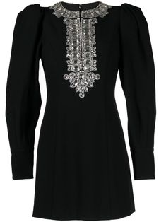 black crepe texture crystal embellishment round neck long puff sleeves buttoned cuffs thigh-length straight hem Luxury Embellished Long Sleeve Tunic, Luxury Long-sleeved Dress With Crystal Embellishments, Luxury Embellished Black Shirt, Embellished Long Sleeve Black Kurta, Luxury Black Crystal-embellished Jewelry, Versace Outfit, Yoko London, Van Cleef Arpels, Long Puff Sleeves