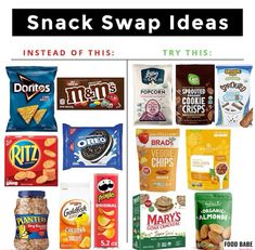 an advertisement for snack swap ideas, including chips and crackers with the caption instead of this try this