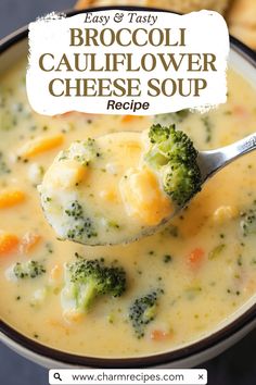 broccoli cauliflower cheese soup recipe in a bowl with a ladle