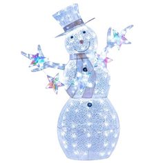 a lighted snowman with stars on it's head and arms, standing in front of a white background