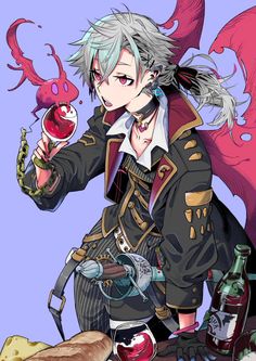 an anime character with white hair and grey hair holding a red object in his hand