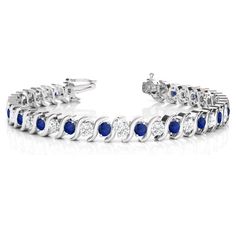 Blue Sapphire & Diamond Tennis S Link Bracelet 18k White Gold 6ct - NG1782 Blue Sapphire Diamond, Tennis Bracelet Diamond, Natural Blue Sapphire, Blue Bracelet, Custom Engagement Ring, Diamond Bracelets, Gemstone Bracelets, Sapphire Diamond, Tennis Bracelet