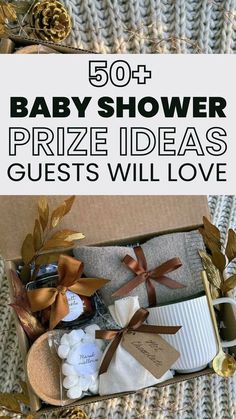 a baby shower prize is shown in a box with the words, 50 baby shower prize ideas