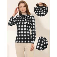 As a classy and elegant appeal, this bow tie-neck shirt will always be timeless. This elegant blouse comes in a classic style featuring a bow-tie neck, long sleeves, and vintage check prints that make your figure look polished! This blouse would make you charming and flattering, featuring a classy tie-bow that makes you special in the office. This office blouse is suitable for spring, summer, autumn, casual outings, office, work, leisure, formal, and daily wear. Elegant Fall Blouse With Bow Tie, Classic Tie Neck Top With Bow, Spring Office Blouse With Bow Tie, Long Sleeve Blouse With Bow Tie For Office, Office Long Sleeve Blouse With Bow Tie, Classic Long Sleeve Blouse With Bow, Formal Bow Tie Blouse, Classic Tops With Bow For Work, Workwear Bow Tie Neck Blouse