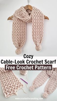 the crochet scarf is hanging on a clothes hanger and it has two different patterns