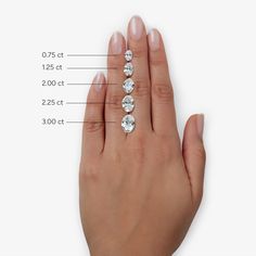 a woman's hand with three diamonds on it and measurements for the ring size