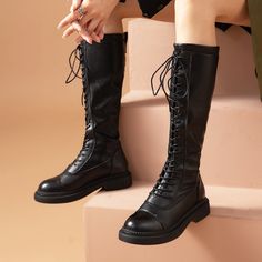 This model matches many kinds of clothing. The cross-tied lace loops around the bootleg, making it chic& attractive. Wear it to match outfits whatever you like. Long Boots For Women, Leather Long Boots, Long Leather Boots, Match Outfits, Goth Boots, Short Sleeve Maxi Dresses, How To Stretch Boots, Boot Types, Round Toe Heels