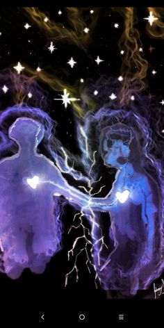 two people are touching each other in front of stars and the sky is filled with lightening