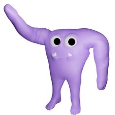 an inflatable purple toy with two eyes and one arm extended to the side