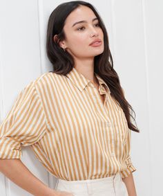 Boyfriend Shirt Mustard Stripe The search for the perfect shirt is over. Introducing our line of timeless, essential shirting—made for your daily uniform. Now made in a breezy silk blend that you'll never want to take off. 82% viscose, 18% silk. Made in China. Oversized boyfriend silhouette with chest pocket, and high-low hem with gussets. | Jenni Kayne Women's Boyfriend Shirt Size Large Daily Uniform, Fast Fashion Brands, Jenni Kayne, Boyfriend Shirt, Shirt Sale, High Low Hem, Perfect Shirt, Fast Fashion, The Search