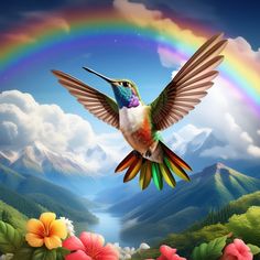 a colorful bird flying over a lush green forest under a rainbow filled sky with clouds