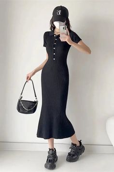 49239186342198|49239186440502 High Waist Maxi Dress, Winter Activewear, Lapel Design, Ribbed Maxi Dress, Gowns Of Elegance, Maxi Knit Dress, Costume Outfits, Black Maxi Dress, Skirt Length