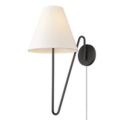 a black wall lamp with a white shade on it's side and a long arm