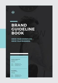 the brand guideline book is shown in black and blue, with an image of a man