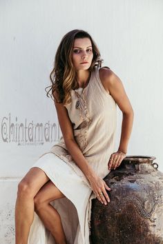 Bohemian Dress Natural Ibiza Clothing Boho Maxi Dress | Etsy Bohemian Sleeveless Dresses With Natural Dye, Spring Bohemian Beige Linen Dress, Spring Beige Linen Bohemian Dress, Spring Beige Bohemian Linen Dress, Bohemian Linen Tunic Dress, Bohemian Linen Dress In Natural Color, Cream Linen Beach Dress, Beige Tunic Boho Dress For Summer, Bohemian Linen Boho Dress For Beach