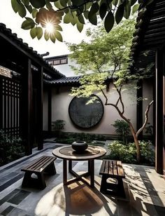 an outdoor courtyard with benches and trees