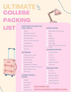 the ultimate college packing list is shown in pink and blue, with luggage on it