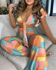 Women's Suit Set Boho Exotic Beach Fashion Elegant Sexy Ruffle Trim Knotted Crop Top & High Waist Wide Leg Pants Set Knot Crop Top, High Waist Wide Leg Pants, Beach Fashion, Fashion Elegant, Summer Style Casual, Suit Set, Two Piece Dress, Leggings Fashion, Piece Dress