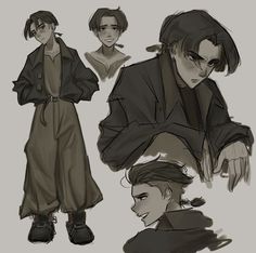 some sketches of people in different poses and clothes, one is wearing a trench coat